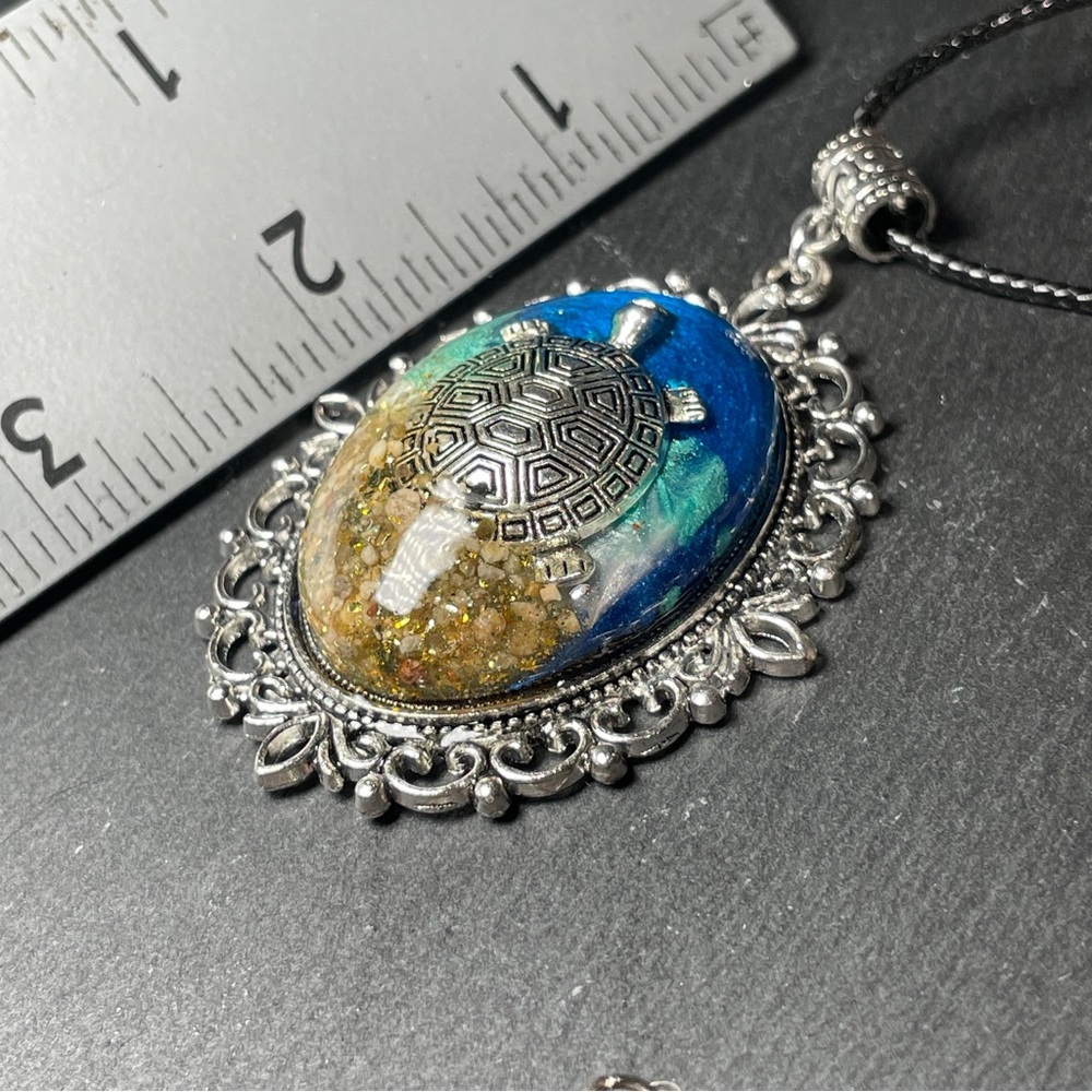 SoCal Sand Custom Made Turtle Pendant With Blue Green And Gold Accents - Picture 10 of 11